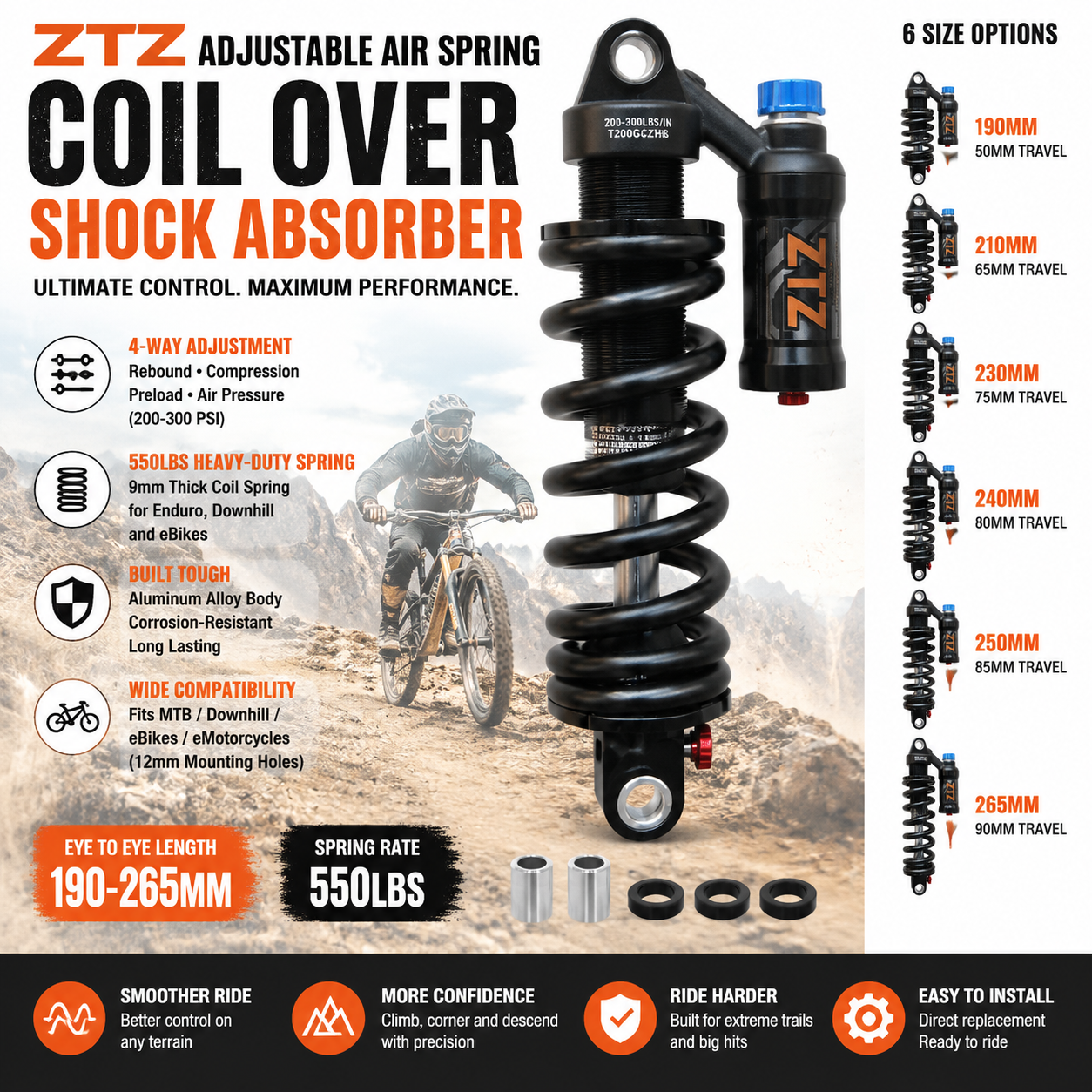 Mountain Biking Downhill - Verstelbare luchtspiraal achterschokdemper 190–265 mm 550LBS